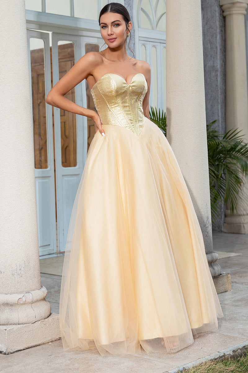 Load image into Gallery viewer, Princess A Line Sweetheart Golden Long Formal Dress
