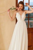 White Spaghetti Straps Boho Wedding Dress