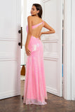 Sheath One Shoulder Pink Sequins Long Formal Dress with Split Front