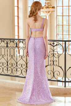 Sheath One Shoulder Light Purple Sequins Long Formal Dress with Split Front