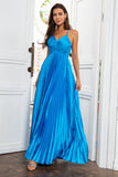 A Line Spaghetti Straps Lake Blue Long Formal Dress