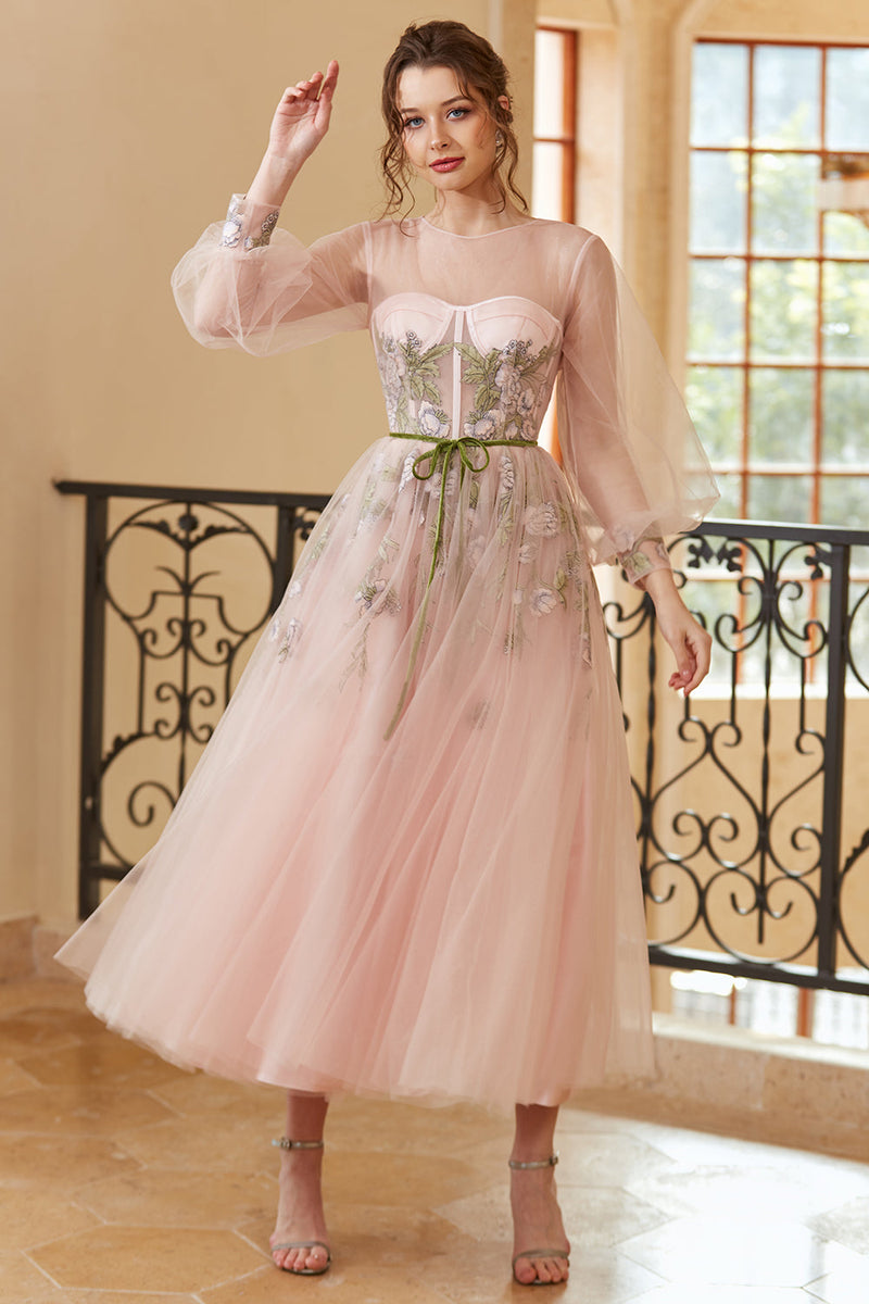 Load image into Gallery viewer, A Line Jewel Light Nude Tea Length Formal Dress with Long Sleeves
