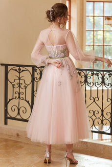 A Line Jewel Light Nude Tea Length Formal Dress with Long Sleeves