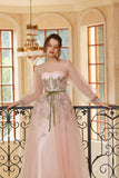 A Line Jewel Light Nude Tea Length Formal Dress with Long Sleeves