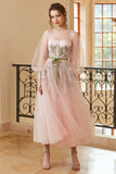 A Line Jewel Light Nude Tea Length Formal Dress with Long Sleeves