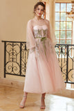 A Line Jewel Light Nude Tea Length Formal Dress with Long Sleeves