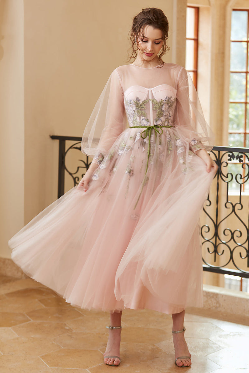 Load image into Gallery viewer, A Line Jewel Light Nude Tea Length Formal Dress with Long Sleeves