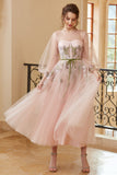 A Line Jewel Light Nude Tea Length Formal Dress with Long Sleeves