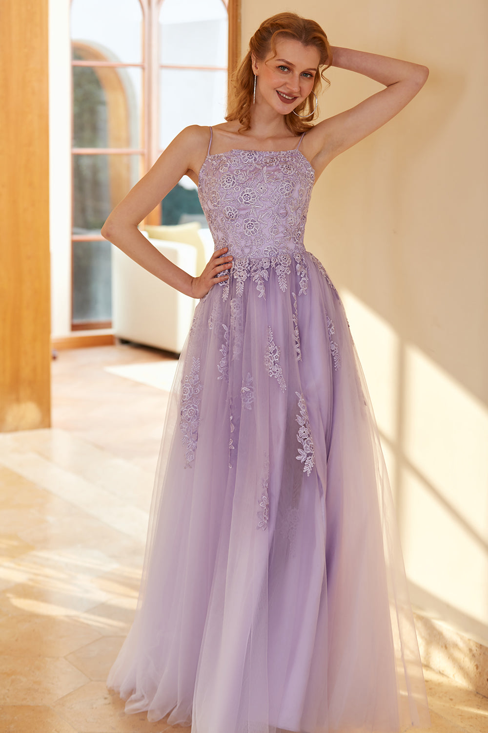 Charming A Line Spaghetti Straps Light Purple Long Formal Dress with Appliques