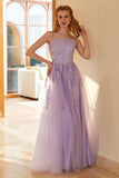 Charming A Line Spaghetti Straps Light Purple Long Formal Dress with Appliques