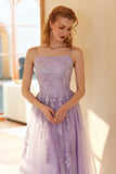 Charming A Line Spaghetti Straps Light Purple Long Formal Dress with Appliques