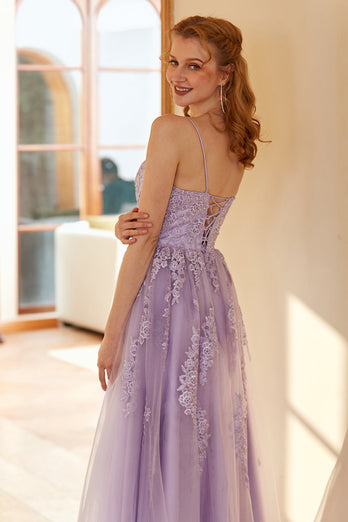 Charming A Line Spaghetti Straps Light Purple Long Formal Dress with Appliques