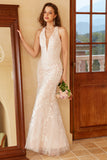 Mermaid Deep V Neck White Lace Wedding Dress with Appliques