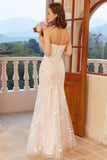 Mermaid Deep V Neck White Lace Wedding Dress with Appliques