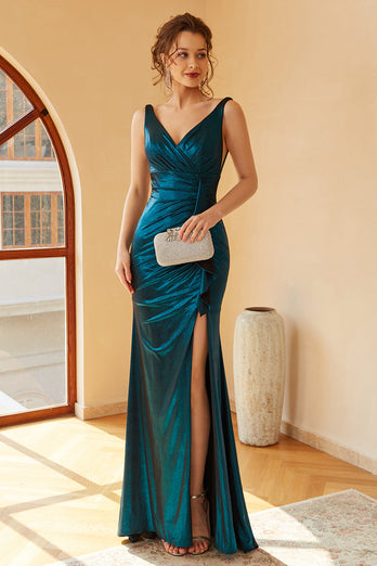Peacock Blue Ruched Long Formal Dress