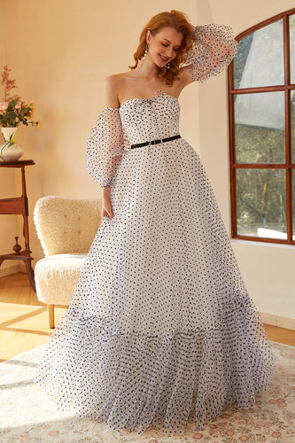 White Polka Dots Long Formal Dress with Sleeves