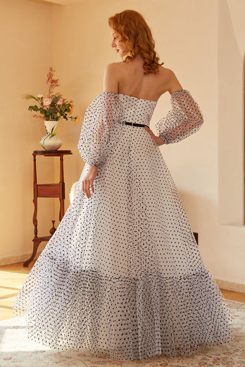 White Polka Dots Long Formal Dress with Sleeves