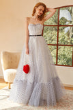 White Polka Dots Long Formal Dress with Sleeves