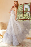 White Polka Dots Long Formal Dress with Sleeves