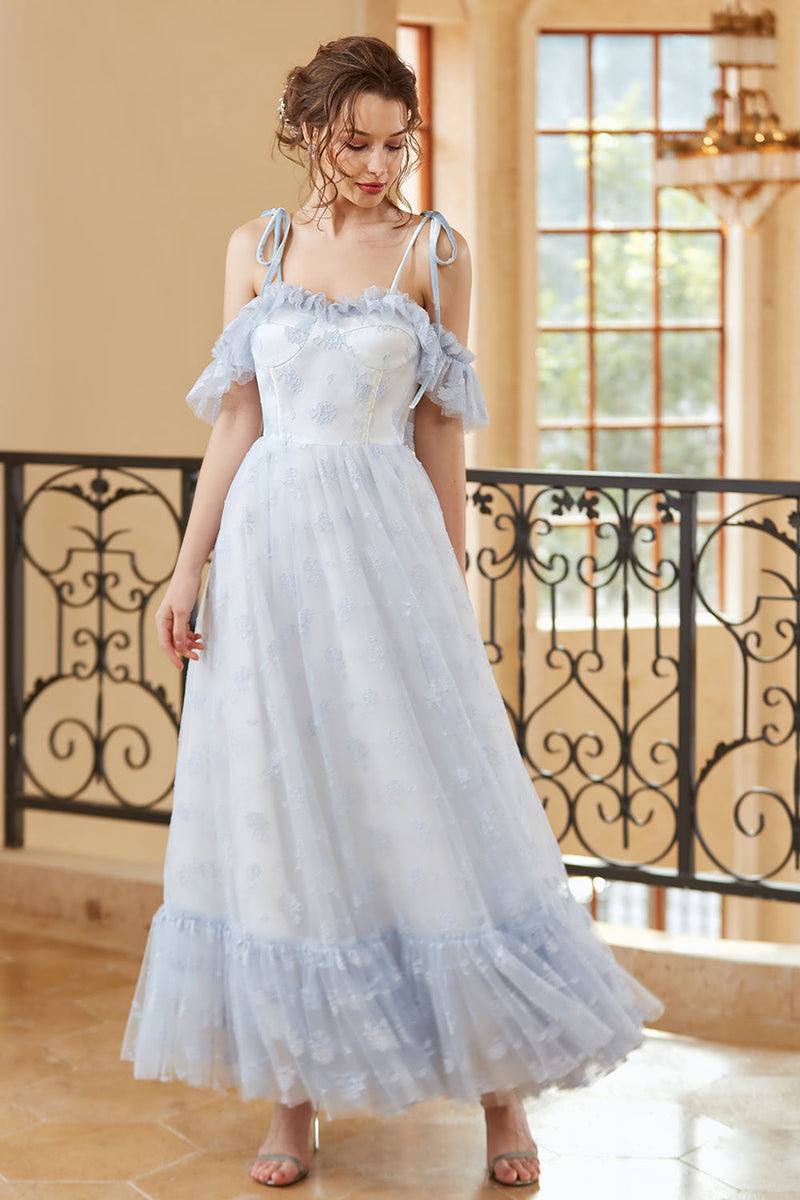 Load image into Gallery viewer, Princess A Line Off the Shoulder Light Blue Long Formal Dress