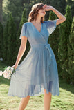 Blue Chiffon Wrap Cocktail Dress