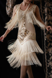 Champagne Gatsby 1920s Flapper Dress with Sequins and Fringes