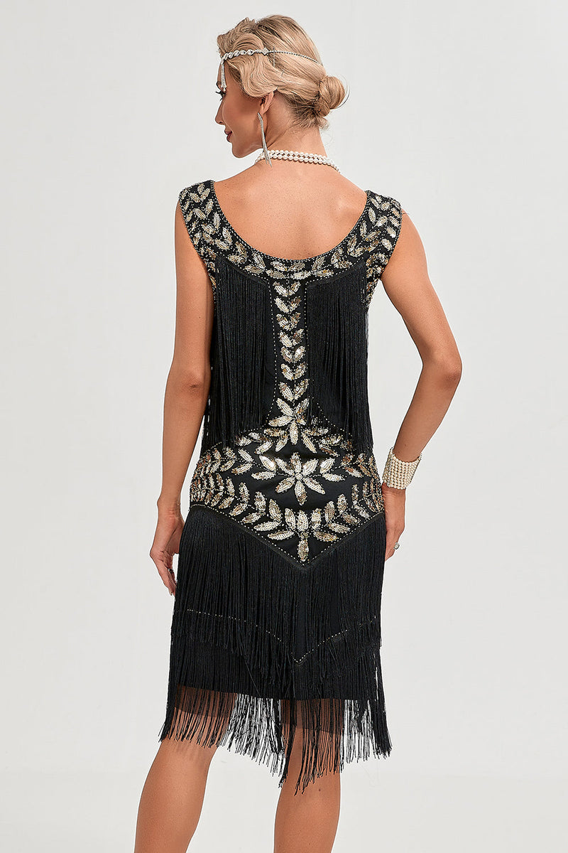 Load image into Gallery viewer, Black Gatsby 1920s Flapper Dress with Sequins and Fringes