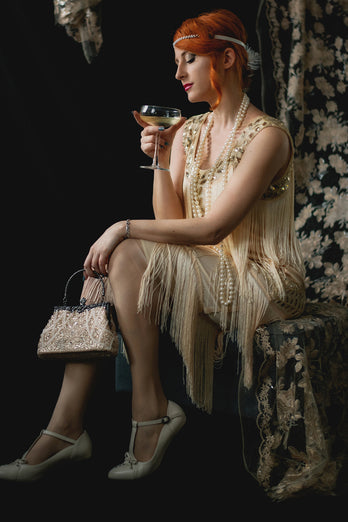Champagne Gatsby 1920s Flapper Dress with Sequins and Fringes
