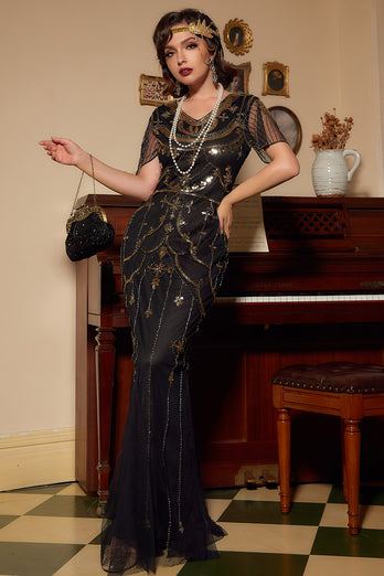 Black Long Sequins Mermaid 1920s Gatsby Dress
