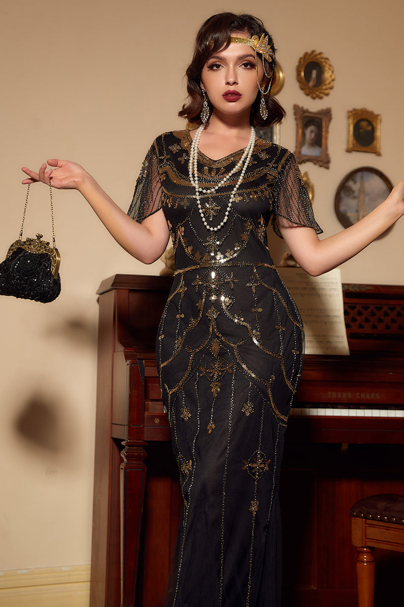 Load image into Gallery viewer, Black Long Sequins Mermaid 1920s Gatsby Dress