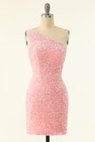 Pink One Shoulder Sequins Tight Cocktail Dress