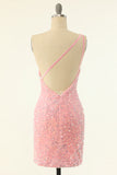 Pink One Shoulder Sequins Tight Cocktail Dress