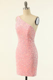 Pink One Shoulder Sequins Tight Cocktail Dress