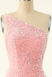 Pink One Shoulder Sequins Tight Cocktail Dress