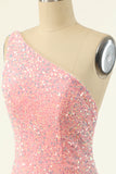 Pink One Shoulder Sequins Tight Cocktail Dress