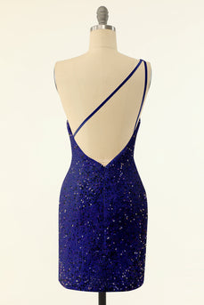 Royal Blue One Shoulder Sequins Tight Short Formal Dress