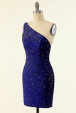 Royal Blue One Shoulder Sequins Tight Short Formal Dress