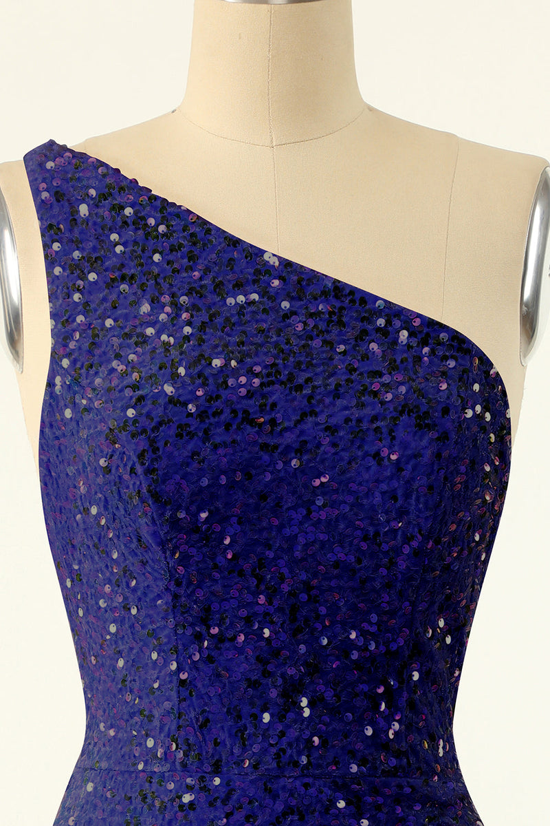 Load image into Gallery viewer, Royal Blue One Shoulder Sequins Tight Short Formal Dress