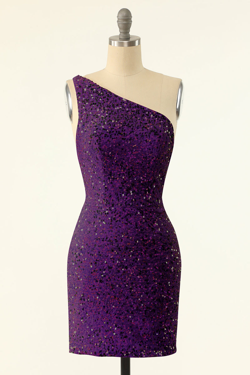 Load image into Gallery viewer, Purple One Shoulder Sequins Cocktail Dress