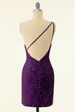 Purple One Shoulder Sequins Cocktail Dress