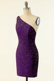 Purple One Shoulder Sequins Cocktail Dress