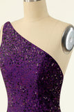 Purple One Shoulder Sequins Cocktail Dress