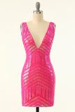 Fuchsia Sequins V-Neck Tight Cocktail Dress