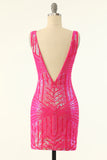 Fuchsia Sequins V-Neck Tight Cocktail Dress