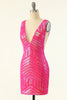 Load image into Gallery viewer, Fuchsia Sequins V-Neck Tight Cocktail Dress