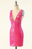 Fuchsia Sequins V-Neck Tight Cocktail Dress