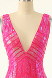 Fuchsia Sequins V-Neck Tight Cocktail Dress