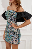 Blue Off the Shoulder Sequins Short Formal Dress with Puff Sleeves