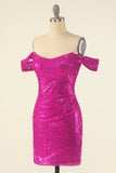 Fuchsia Off the Shoulder Sequins Tight Cocktail Dress