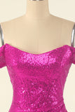 Fuchsia Off the Shoulder Sequins Tight Cocktail Dress